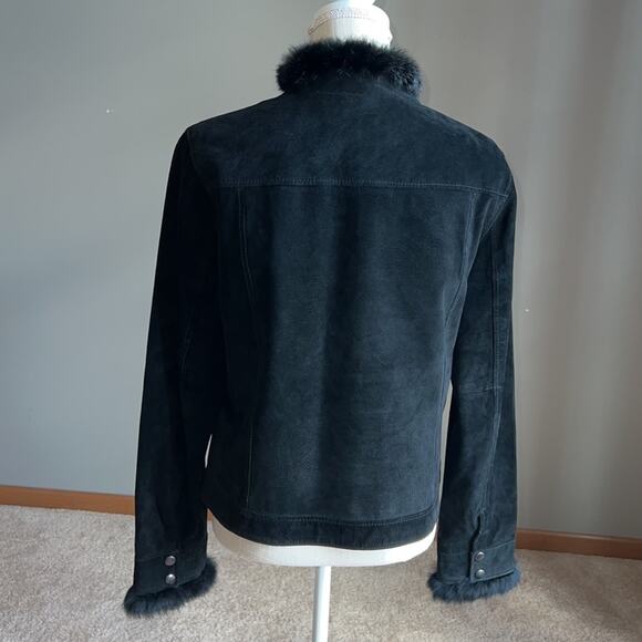 Yvonne Le Marie Black Suede Leather Jacket with Rabbit Fur Trim. Size 12 - Picture 4 of 13